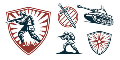 A collection of military symbols featuring a soldier, a tank, and a shield © Sk