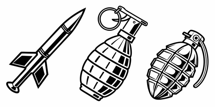 A collection of three different types of explosive devices including a rocket, grenade, and bomb