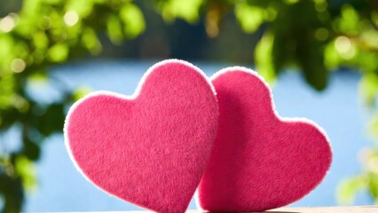 Obraz premium Two pink fuzzy hearts leaning against blurred lakeside background
