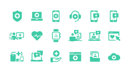 Naklejka premium Modern healthcare technology icons including telemedicine, online consultation, health monitoring, and digital medical services.