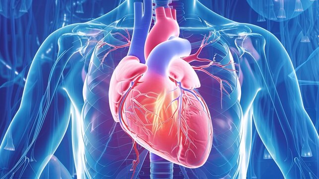 Medical illustration of Heart Failure, a chronic cardiac condition where the heart cannot pump blood efficiently to meet the body&rsquo;s needs, often caused by coronary artery disease, high blood pressure,