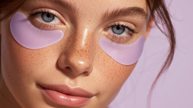Hydrating eye patch skincare beauty close up freckled skin with blue eyes natural lips moisturizing, 4k video.