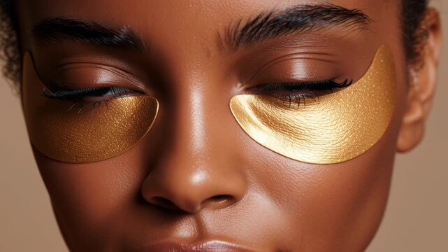 Golden eye patch skincare beauty closeup smooth brown skin, 4k video.