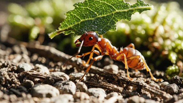 Ant carrying green leaf with another ant on ground