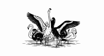 Black and white illustration of flamingos standing in water with open wings