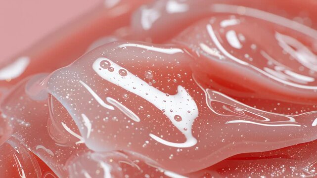 Glossy translucent gel texture with smooth coral and pink tones sparkling softly creating shiny abstract surface effect, 4k video.