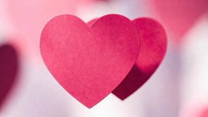 Obraz premium Two red paper hearts overlapping against soft pink background