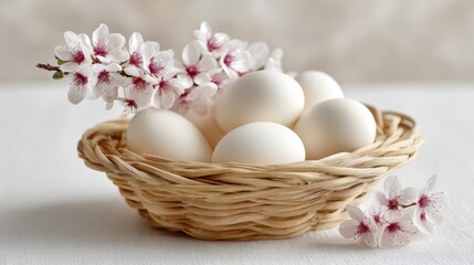 Basket with white eggs and blossoms in a clean setting with clear light and simple composition