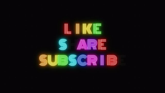 Dazzling Cyan neon text animation of "LIKE SHARE SUBSCRIBE" against a dark textured wall. Realistic flickering and luminescence for nightlife vibe. 4K Resolution 