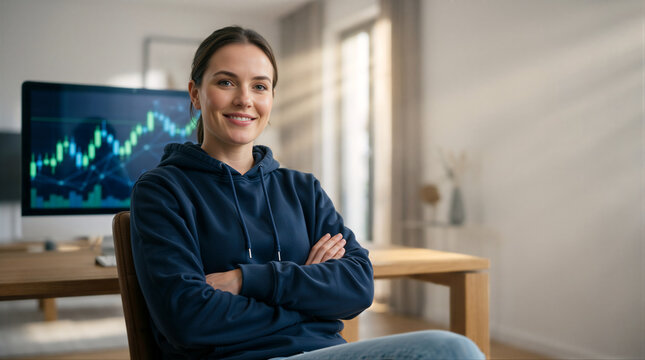 Confident female stock trader sitting with crossed arms in a home office. Smiling young woman in a casual hoodie with financial charts and market data on a computer monitor in the background