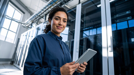 Fototapeta premium Confident female IT professional holding a tablet in a modern data center. Portrait of a woman network engineer standing in a bright server room. Cloud computing and database administration