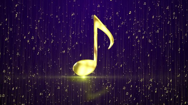 A majestic 3D golden eighth musical note stands at the center of a deep purple cosmic background filled with falling golden treble clefs and smaller notes. Brilliant light flares reflect on a polished