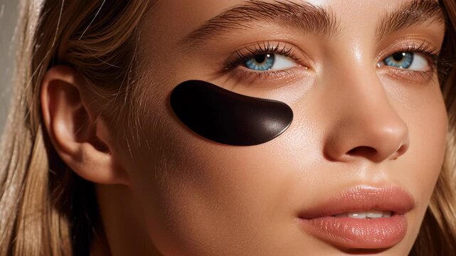 Black eye patch blue eye smooth skin beauty face natural lips blonde hair glowing healthy skincare treatment, 4k video.