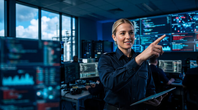 Smiling female operator pointing at large data screens in a high-tech control room. Security professional with tablet working in a modern network operations center