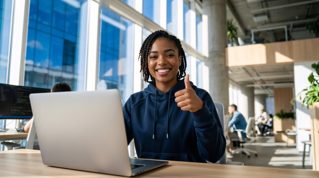 Smiling young Black woman giving thumbs up at office desk. Happy female professional with laptop in modern coworking space. Success and satisfaction concept