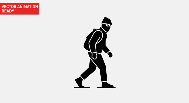 Burglar Icon Silhouette Walking with Backpack, Vector Animation Ready