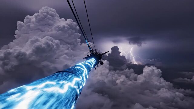 Futuristic energy tether streaks through dramatic stormy clouds.