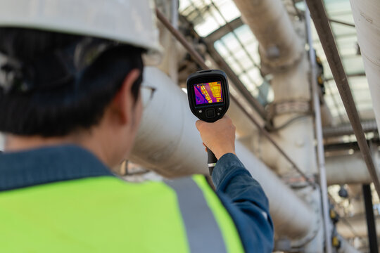 Engineer uses a thermal camera for predictive maintenance on elevated industrial equipment, detecting heat anomalies early to improve safety, reliability, inspection accuracy, and uptime.