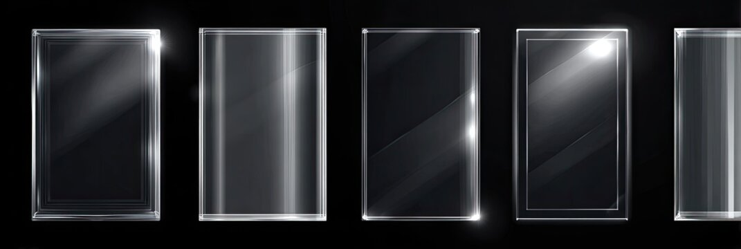 Five rectangular transparent panels with various internal lighting and reflections against a black backdrop