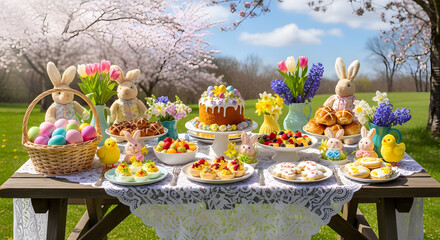 A delightful easter picnic spread with colorful treats and decorations.