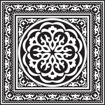 Black monochrome square border. Tatar national ornament. Round ethnic pattern of the Turkic peoples. Asian frame, ring, rectangle.