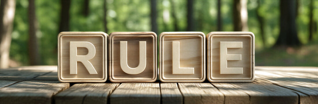 Wooden blocks spelling rule on a wooden table in nature