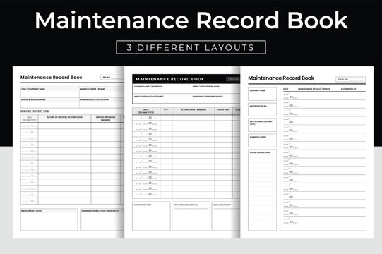 Maintenance Record Book Printable Vector Illustration Equipment Service History Logbook Repair Tracker Asset Management Notebook Design Template Pack