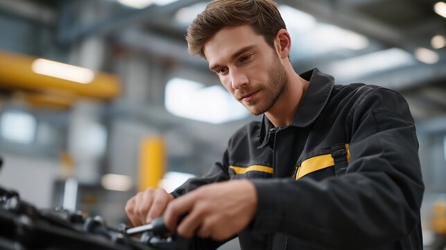 Motorcycle assembly worker installing engine components on chassis in specialized manufacturing cell, torque wrench ensures proper specifications, perfect for vehicle production, mechanical
