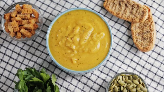 Creamy vegetable soup with bread, seed pumpkin, herbs, rusks. Table served with homemade food.
