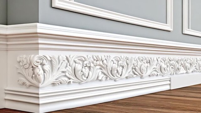 Close-up of ornate white baseboard with floral relief, grey wall, and wooden floor