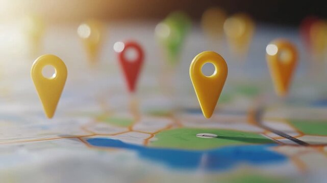 Colorful map with multiple location markers in varied colors, some blurred. Focus on the pin's details
