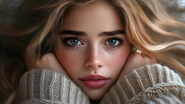 A close-up of a fair-skinned person with blue eyes, holding her face, surrounded by hair