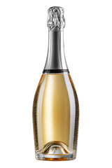 Clear sparkling wine bottle with gold foil shown isolated on white background, concept of celebration and elegance