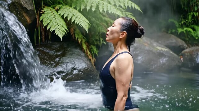 A woman elegantly immerses herself in the tranquil waters of a cascading waterfall. Surrounded by vibrant ferns, she finds joy and peace, disconnecting from the chaos of daily life.