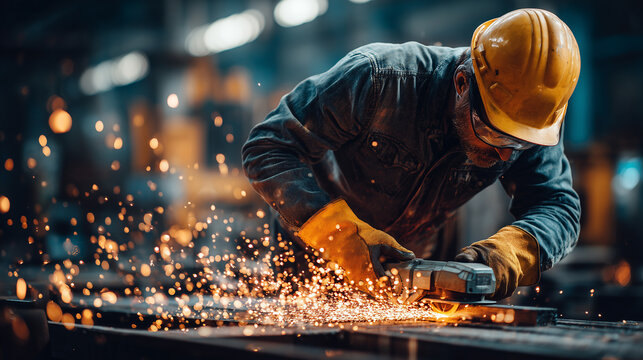 Industrial worker grinding metal with angle grinder in factory workshop sparks and manufacturing process