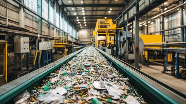 A conveyor belt carries a mix of waste within a large industrial recycling facility