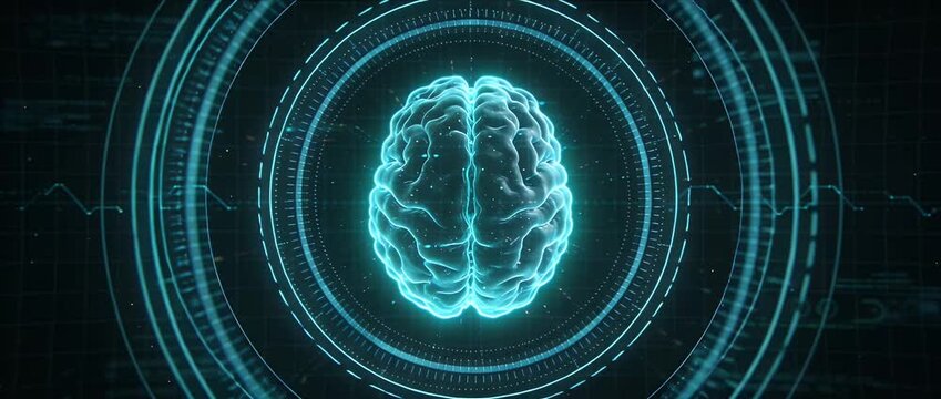Futuristic brain technology artificial intelligence digital hologram science data network glowing cyber neural network data visualization virtual reality innovation analytics neon concept with glowing