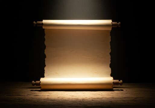 Ancient rolled parchment scroll resting on a rough wooden surface, dramatically illuminated by a beam of divine light shining from above ,light ,background ,sacred