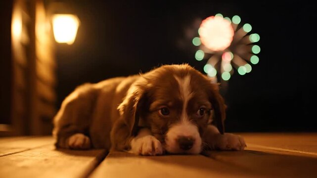 A cute puppy lying down outdoors at night, with a blurred festive firework display in the background
