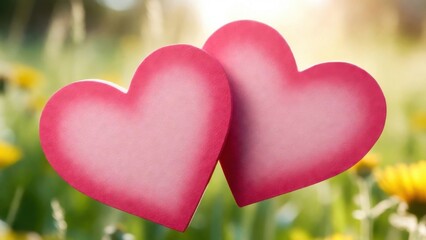 Fototapeta premium Two paper hearts touching in sunlit meadow background