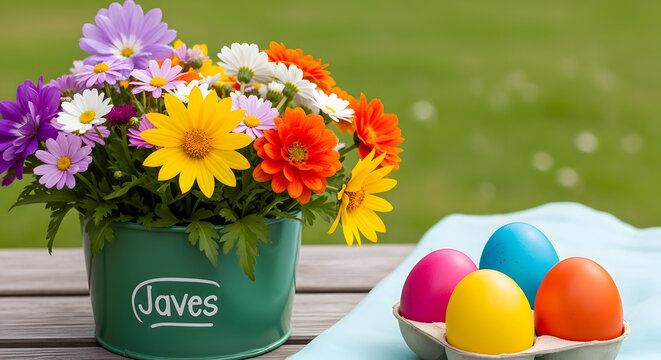 Vibrant flowers in a javes bucket with colorful eggs in a bowl on a table
