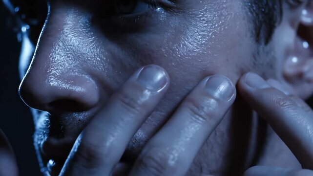 In a dimly lit studio, a thoughtful individual delicately touches his face, reflecting a journey into self-awareness and emotion. High contrast highlights intricate details of his expression.