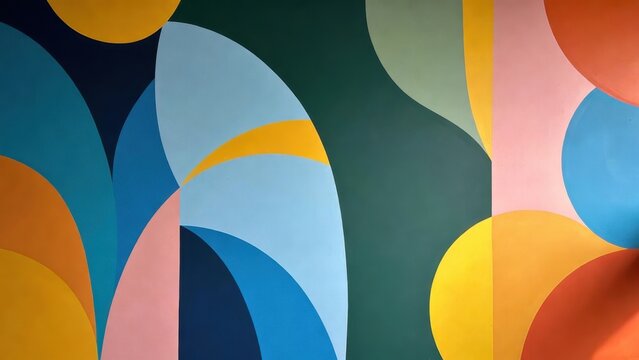 Abstract curved color blocks arranged on interior wall mural