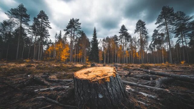 A forest clearing with a large tree stump in the foreground, autumn foliage, and a dark, cloudy sky