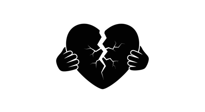 Broken Heart Embraced by Hands Silhouette, Symbol of Sadness, Loss, and Healing