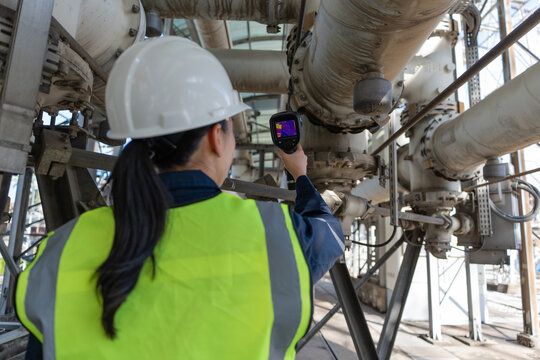 Engineer performs industrial monitoring with a thermal camera on high voltage gas insulated equipment, supporting heat inspection, safety, reliability, and diagnostics.