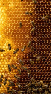 Detailed close-up of natural wild honeycomb structure filled with rich golden viscous honey and many busy crawling honey bees working diligently ,larvae ,detail ,food