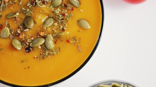 Autumn pumpkin cream soup close-up seasoned with aromatic spices and pumpkin seeds.