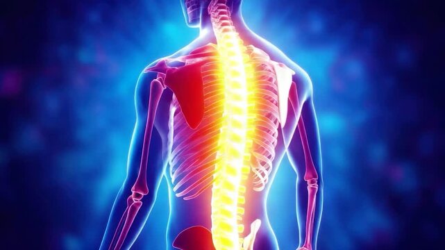 A glowing anatomical rendering depicts the human skeletal structure, highlighting a shoulder and arm