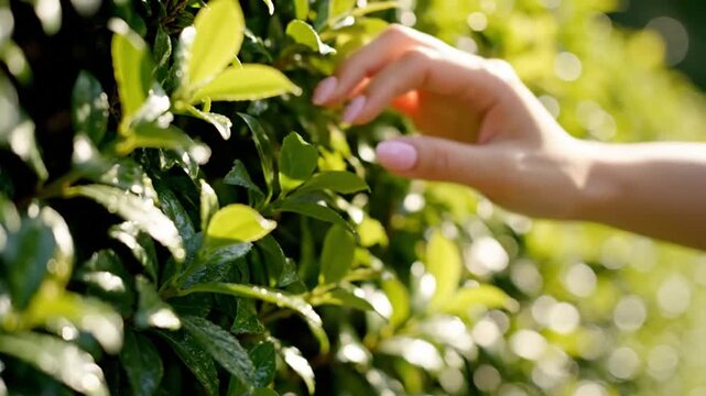 Close up of woman's hand with pink painted nails gently touching the fresh green leaves in a sunny garden